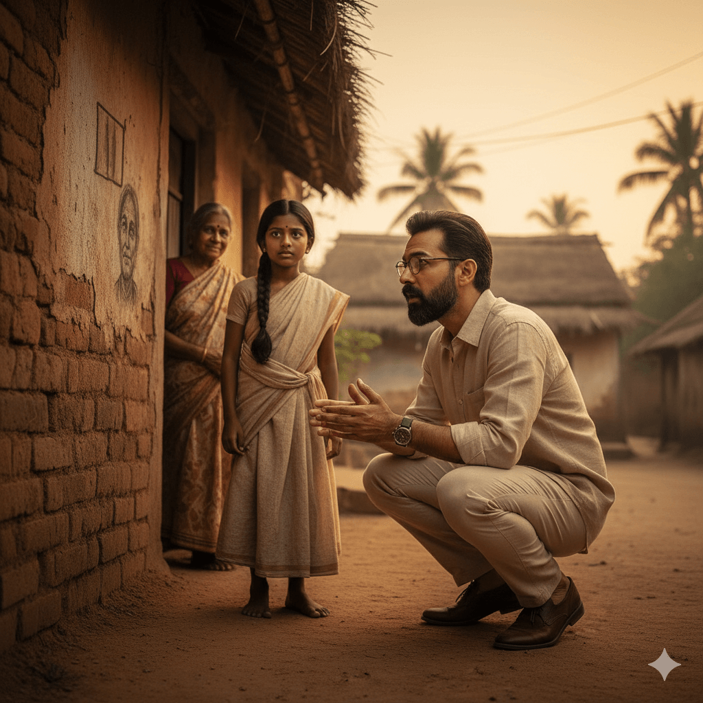 An art critic from the city admiring Emma's charcoal drawing on a village wall.