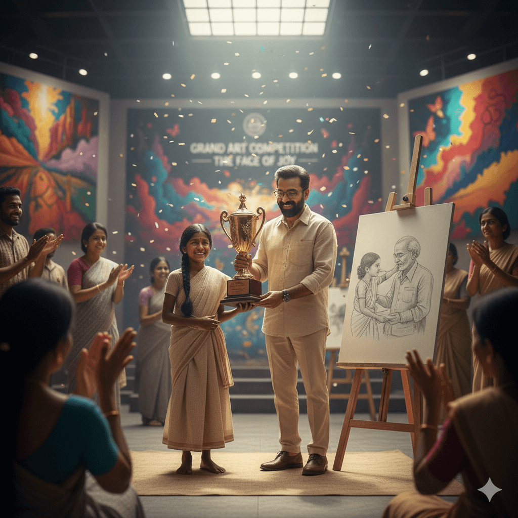 Emma receiving the first prize trophy for her realistic emotional drawing of an old man and child.